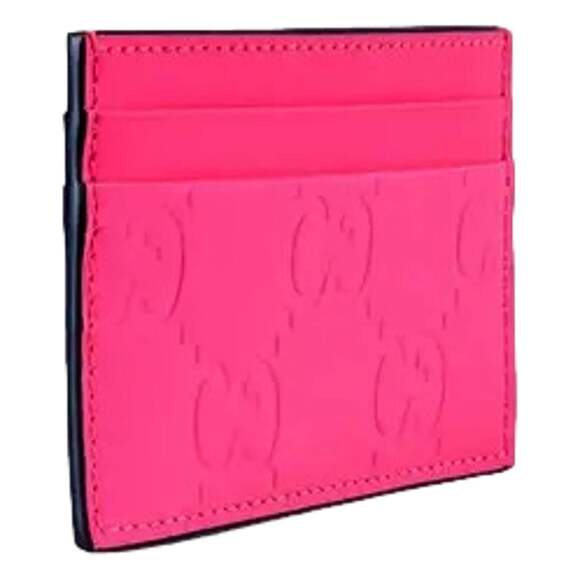 Gucci GG Leather Rubber Effect Neon Pink Card Holder - Picture 2 of 3